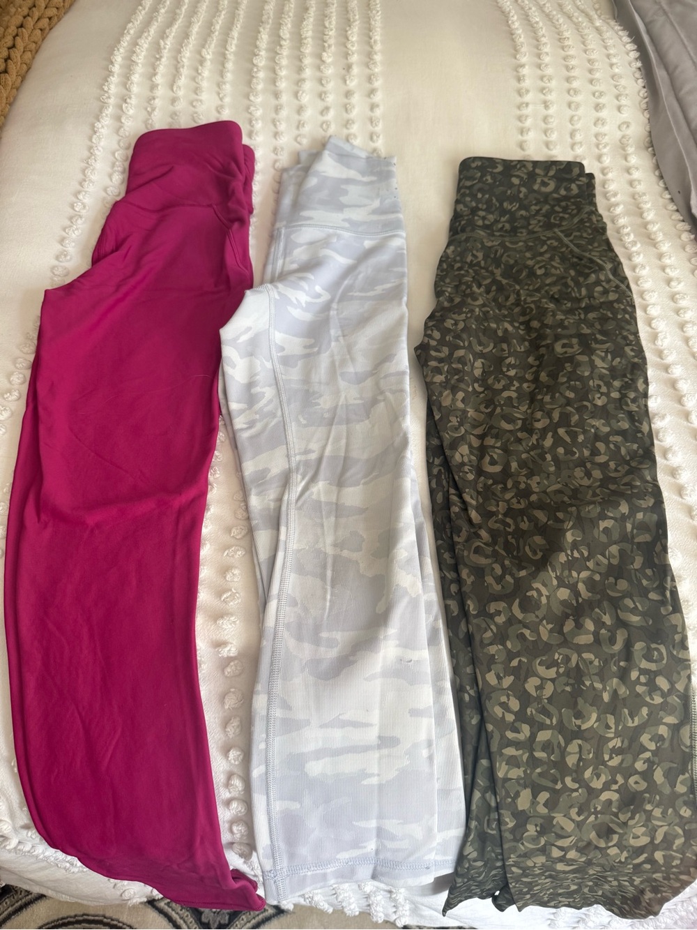 lululemon athletica Trio of Leggings — Magenta, Light Gray Camo, Olive Camo